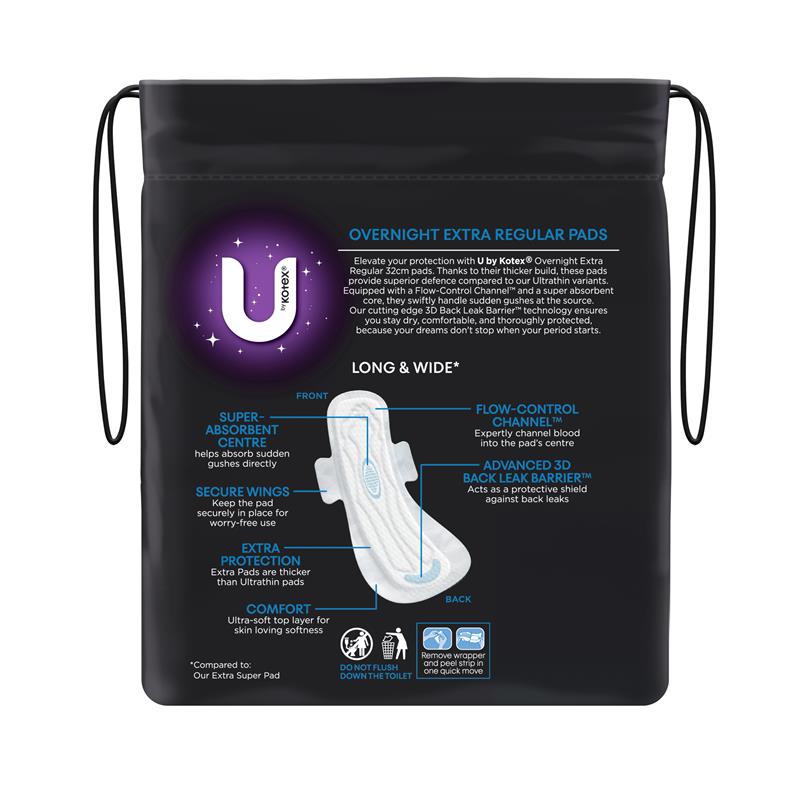 U by Kotex Overnight Extra Pads with 3D Leak Barrier - 10 Pads