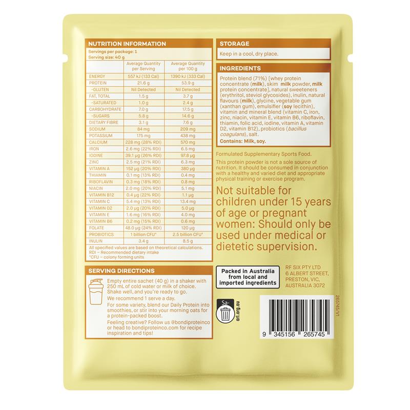 Bondi Protein Co Daily Protein Vanilla Milkshake Sachet 40g - Natural Muscle Strength Booster