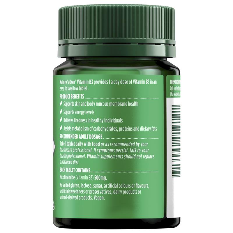 Nature's Own Vitamin B3 500mg - 60 Tablets for Energy & Skin Health