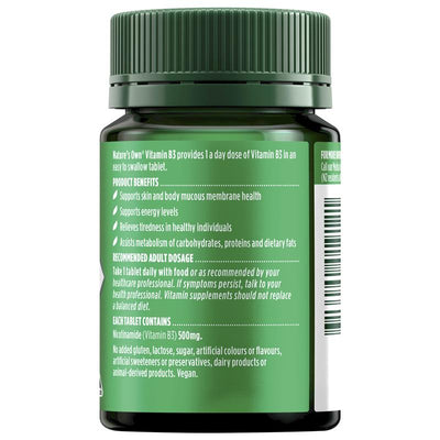 Nature's Own Vitamin B3 500mg - 60 Tablets for Energy & Skin Health