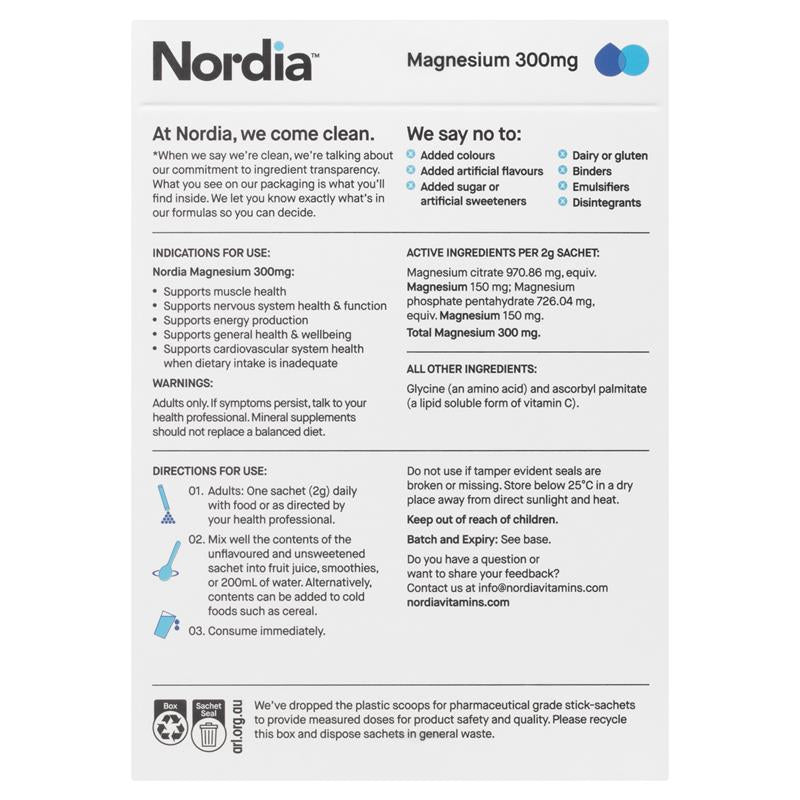 Nordia Magnesium 300mg Unflavoured Powder - 28 Sachets for Muscle Health