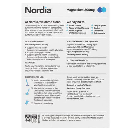 Nordia Magnesium 300mg Unflavoured Powder - 28 Sachets for Muscle Health