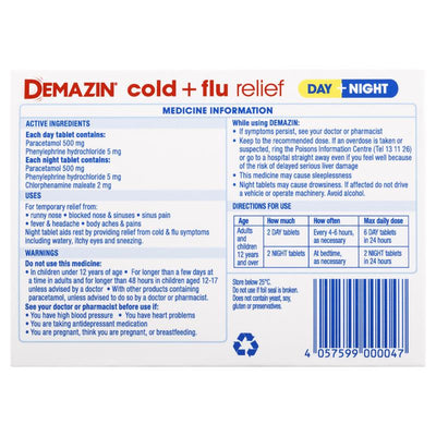 Demazin Cold & Flu Relief Day + Night - 24 Tablets
