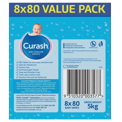 Curash Simply Water Wipes 8x80 Pack - Gentle & Hypoallergenic