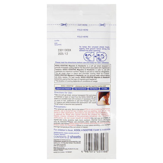 Kool n Soothe Migraine Relief 2 Sheets - Instant Cooling Comfort - Auzzi Store