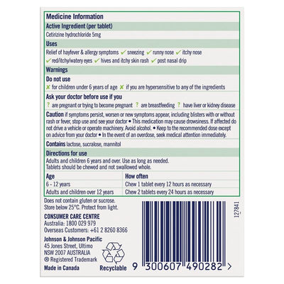 Zyrtec Kids Antihistamine Allergy & Hayfever Chewable Tablets - Grape 30 Pack