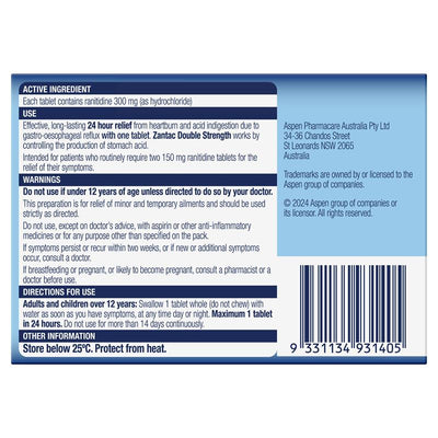 Zantac Double Strength 24 Hour 300mg - 14 Tablets for Extended Relief
