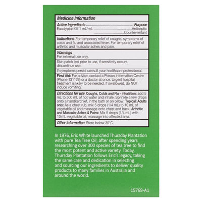 Thursday Plantation 100% Pure Eucalyptus Oil 50ml - Natural Relief for Coughs and Colds