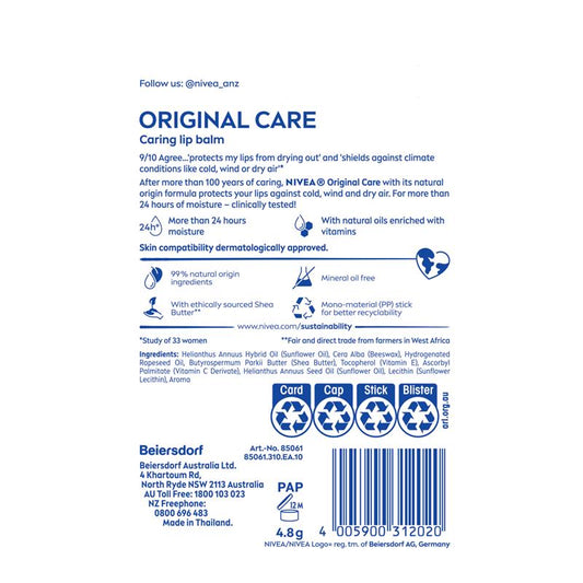 NIVEA Original Care Moisturising Lip Balm 4.8g - 24-Hour Hydration-Auzzi Store