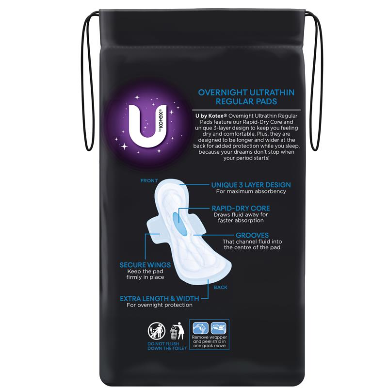 U by Kotex Overnight Ultrathin Regular Pads with Wings, 10 Pads