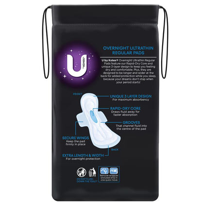 U by Kotex Overnight Ultrathin Regular Pads with Wings, 10 Pads
