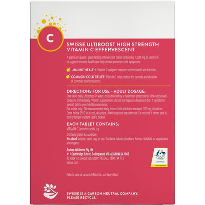 Swisse High Strength Vitamin C Effervescent Tablets 60, 1000mg, Strawberry, Vegan