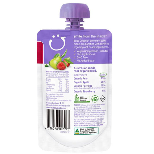 Bubs Organic Strawberry Pear & Quinoa Puree 6 Months+ 120g - Auzzi Store