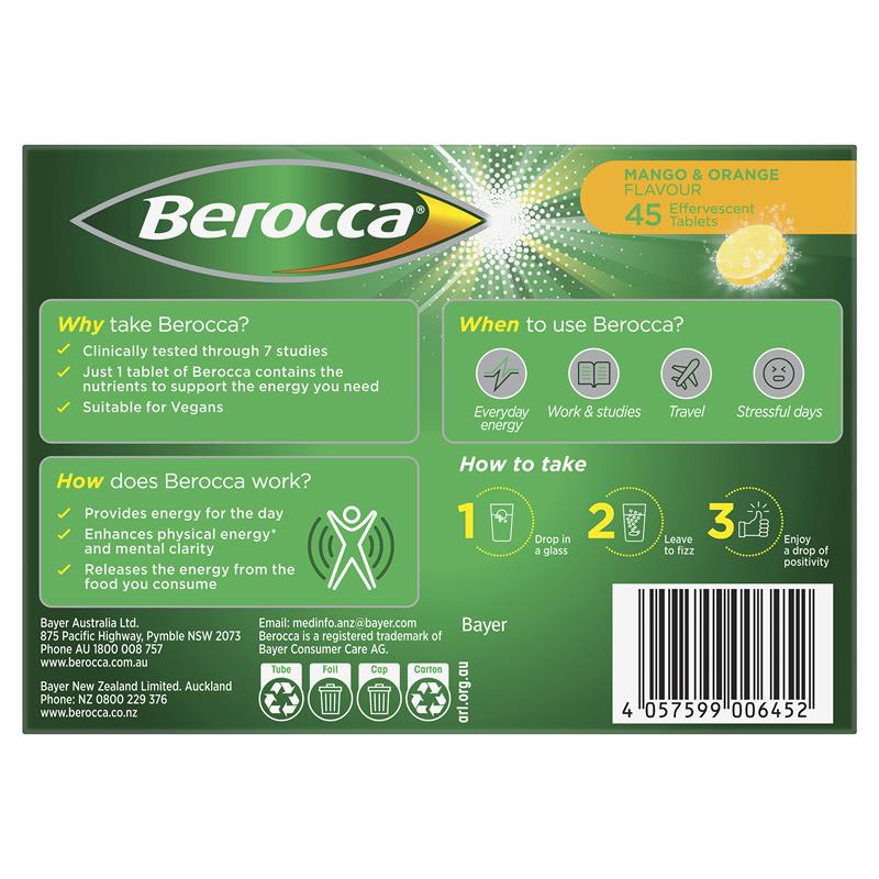 Berocca Energy Multivitamin Mango & Orange Flavor – 45 Tablets