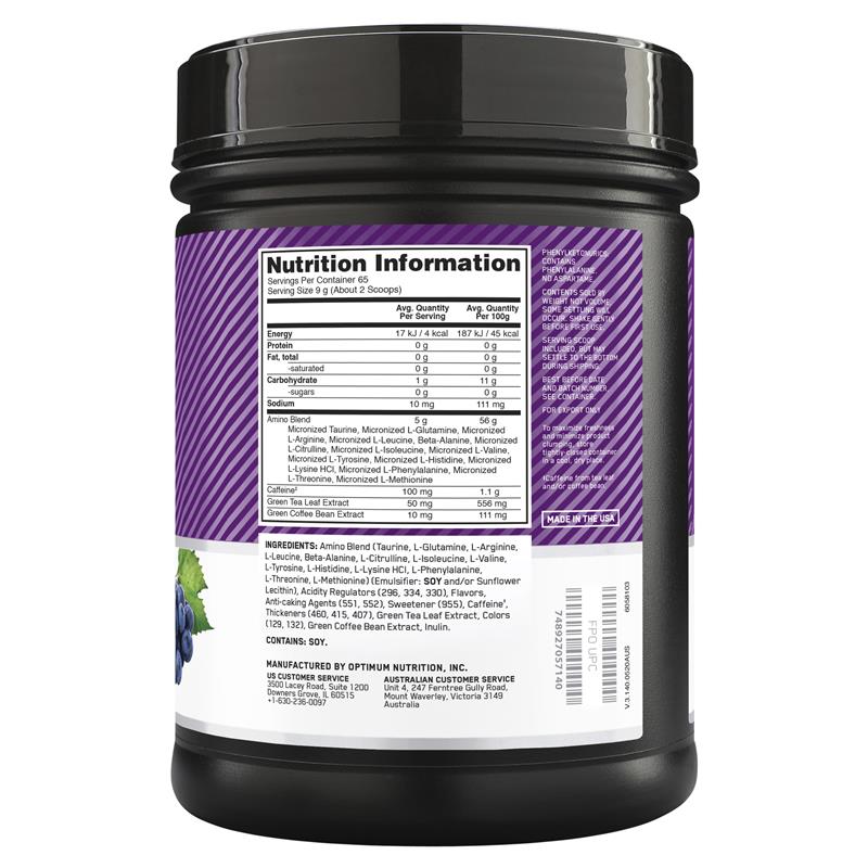 Optimum Nutrition Amino Energy Concord Grape 65 Serve 585g - Boost Energy & Muscle Recovery - Auzzi Store