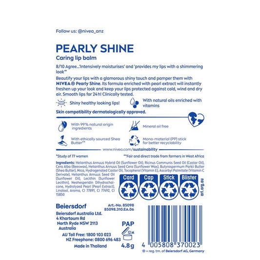 NIVEA Pearly Shine Moisturising Lip Balm 4.8g - Hydrate and Shine-Auzzi Store