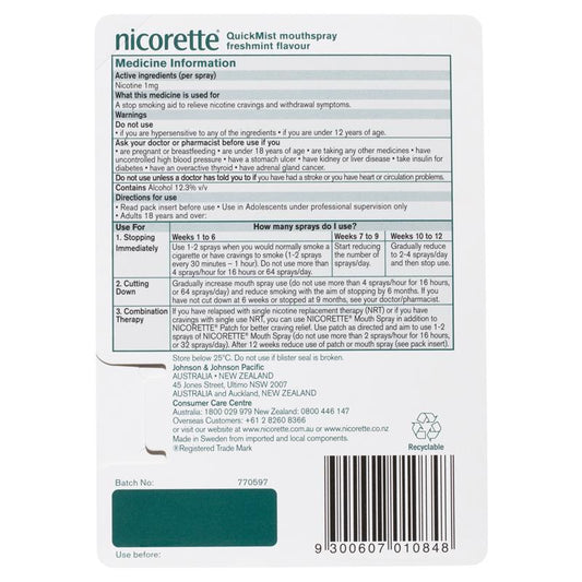 Nicorette Quit Smoking QuickMist Nicotine Mouth Spray Freshmint 150 Pack - Fast Craving Relief-Auzzi Store