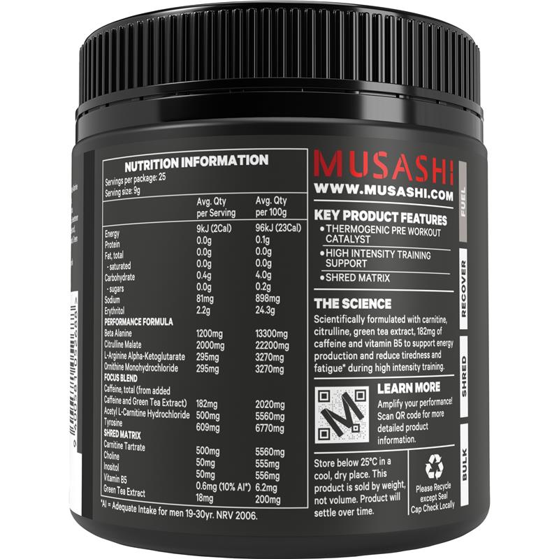 Musashi Pre Workout Shred Watermelon 225g - Thermogenic Energy Booster