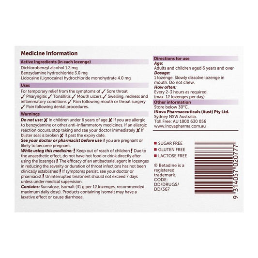 Betadine Sore Throat Anaesthetic Berry 36 Lozenges - Fast Relief