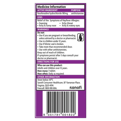 Telfast Hayfever Allergy Relief 180mg Non-Drowsy Antihistamine Tablets - 10 Pack