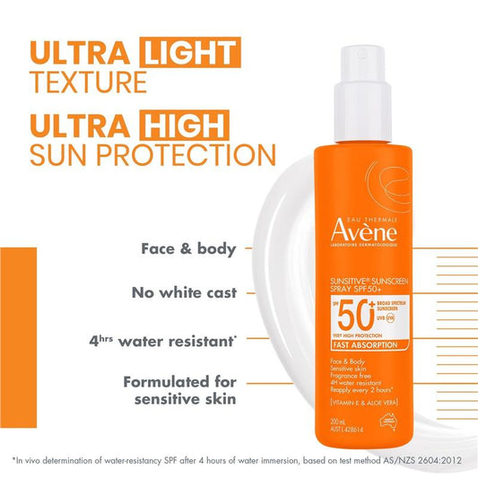 Avene Sunsitive Sunscreen Spray SPF 50+ 200ml - Broad Spectrum Protection