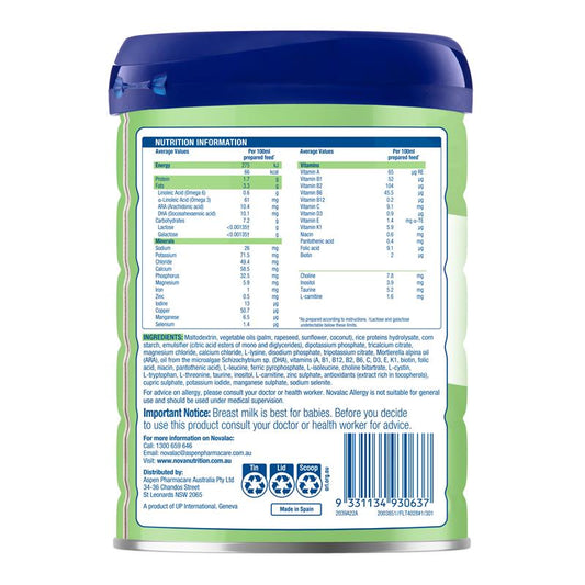 Novalac Allergy Premium Rice Based Infant Formula 800g - Specially Formulated for Sensitive Babies-Auzzi Store