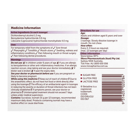 Betadine Sore Throat Anaesthetic Berry 16 Lozenges - Quick Relief - Auzzistore