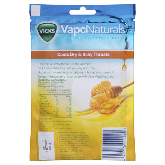 Vicks VapoNaturals Honey Throat Lozenges 19 Drops in Resealable Bag-Auzzi Store