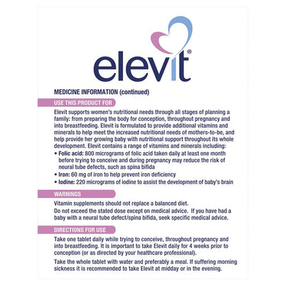 Elevit Prenatal Multivitamin Tablets - 100 Count with Folic Acid & Iron