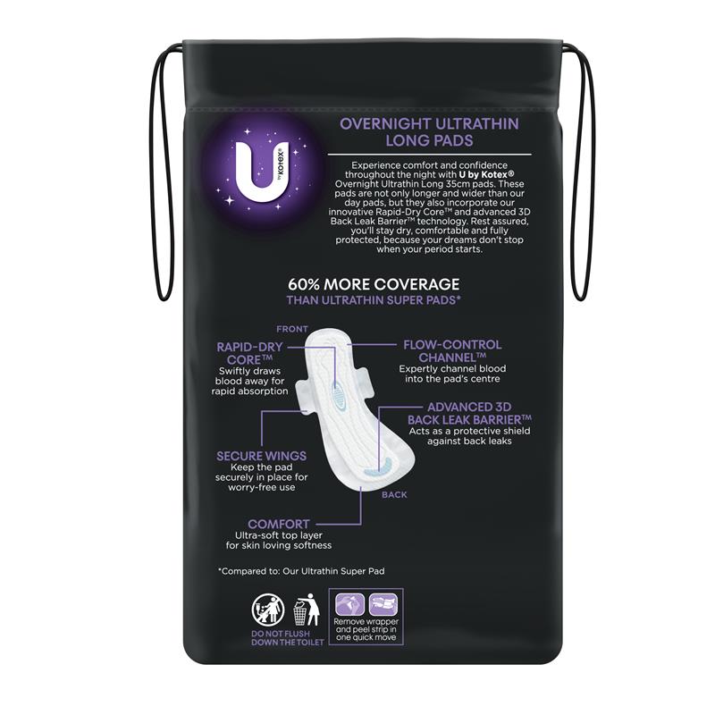 U by Kotex Overnight Ultrathin Pads, 35cm Long, 8-Pads with Secure Wings