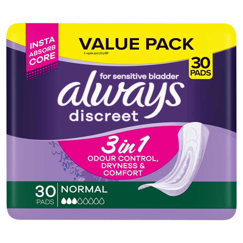 Always Discreet Normal Adult Incontinence Pads, 30 pads, RapidDry