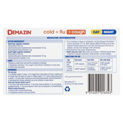 Demazin Cold + Flu + Cough Day + Night 48 Capsules - Comprehensive Relief