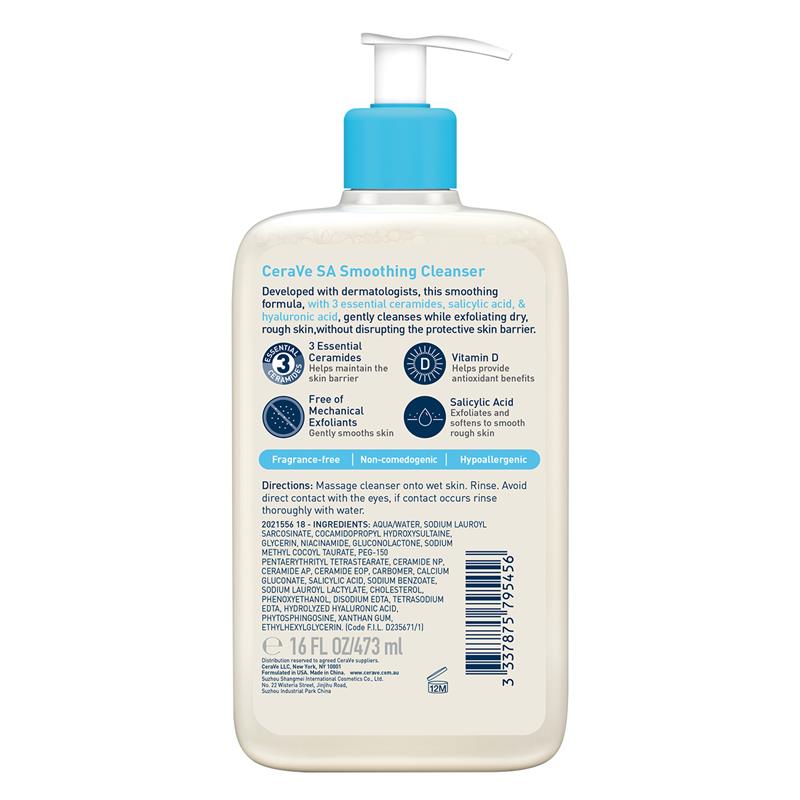 CeraVe SA Smoothing Cleanser 473ml - Gentle Salicylic Acid Cleanser for Dry Skin