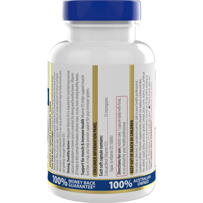 Caruso's Vitamin D3 1000IU - 250 Capsules for Bone and Muscle Health