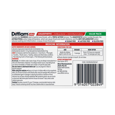 Difflam Plus Triple Action Blackcurrant 32 Lozenges - Fast Sore Throat Relief