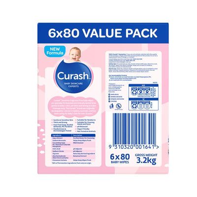 Curash Babycare Fragrance Free Wipes 6 x 80 - Gentle Care for Sensitive Skin