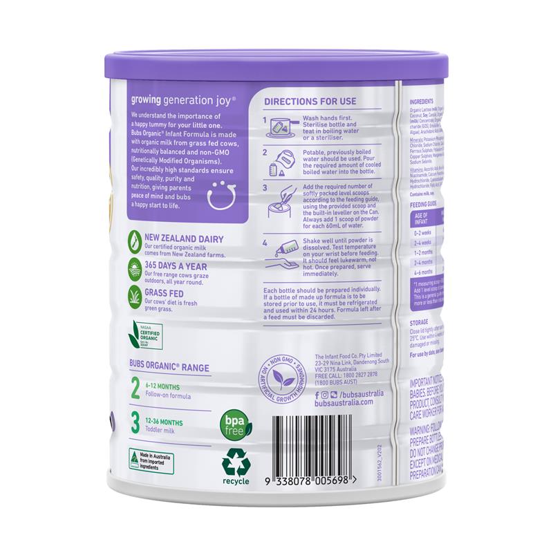 Bubs Organic Grass Fed Infant Milk Formula 800g - Gentle Nutrition for Babies - Auzzi Store