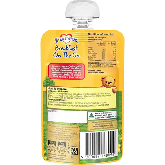 Farex Breakfast On The Go Apple & Oatmeal 6 months+ 120g Pouch - Nutritious Breakfast for Your Little One-Auzzi Store