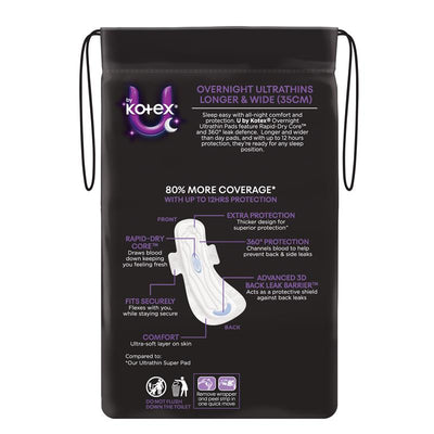 U by Kotex Overnight Ultrathin Pads, 35cm Long, 8-Pads with Secure Wings