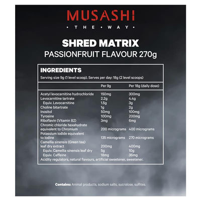 Musashi Shred Matrix Powder Passionfruit 270g - Natural Energy & Fat Metabolism Booster