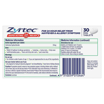 Zyrtec Rapid Acting Antihistamine Allergy Relief - Mini Tablets (30 Pack)