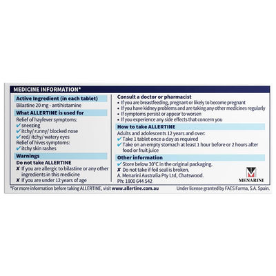 Allertine 20mg 30 Tablets - Non-Drowsy Allergy Relief
