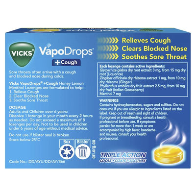 Vicks VapoDrops + Cough Honey Lemon Menthol Lozenges - 16 Count