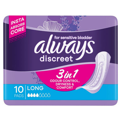 Always Discreet Level 4 Long Incontinence Pads with RapidDry - 10 Pack