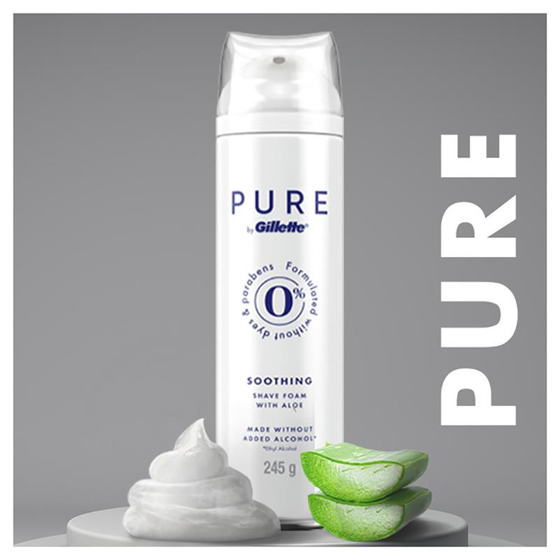 Gillette Pure Shave Foam 245g – Aloe Infused, Paraben & Dye-Free for Sensitive Skin