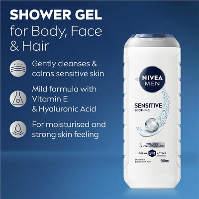 NIVEA MEN Sensitive 3-in-1 Shower Gel Body Wash 500ml Bamboo