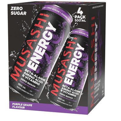 Musashi Purple Grape Energy Drinks 500ml x 4 Pack - Zero Sugar Energy Boost