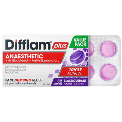 Difflam Plus Triple Action Blackcurrant 32 Lozenges - Fast Sore Throat Relief