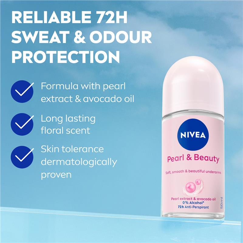 NIVEA Pearl & Beauty Roll-On Deodorant 50ml, 72H Protection, Avocado Oil