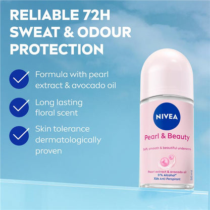 NIVEA Pearl & Beauty Roll-On Deodorant 50ml, 72H Protection, Avocado Oil
